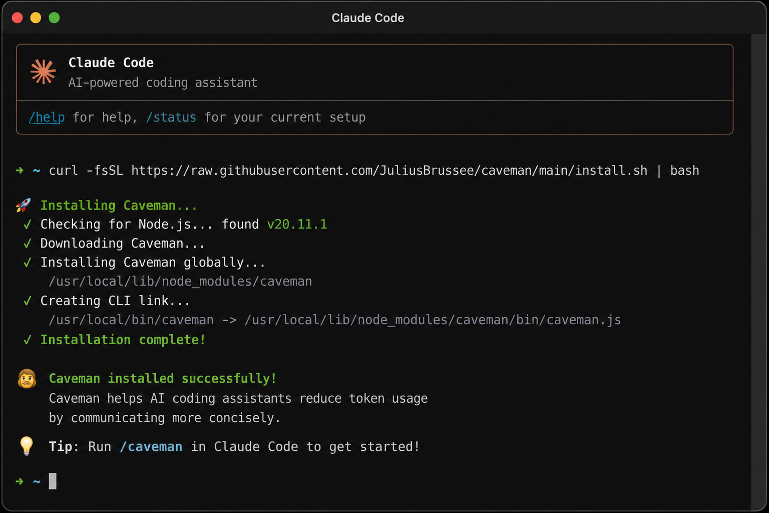 Figure 2: Installing Caveman in Claude Code.
